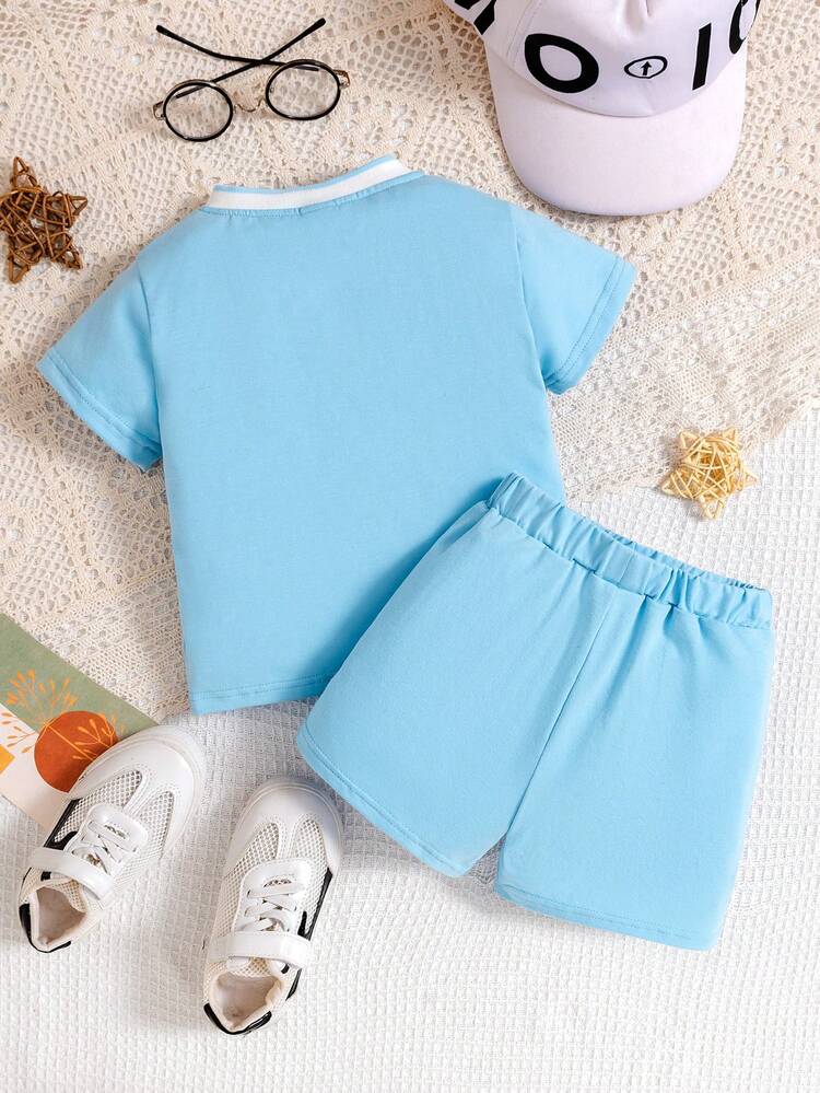 2pcs/Set Baby Boy Casual Sports Simple Daily Letter Printed V-Neck Top And Shorts, All-Match Outfit