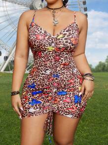 Flirla Plus Size Women's Leopard & Butterfly Printed Pleated Cami Dress - Multicolor - View 1