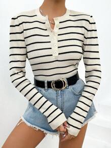 EURMUSE Striped Pattern Half Button Ribbed Knit Sweater - White - View 2