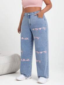 SHEIN EZwear 大碼直腳花卉印花牛仔褲 - 中等水洗藍 - 查看 5