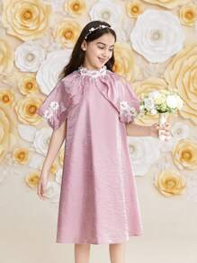 SHEIN Tween Girls' 3d Lace Embellished Peter Pan Collar A-Line Dress - Pink - View 3