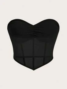 SHEIN ICON 2 Miếng Đen Và Trắng Thon gọn Áo nịt ngực Top Với Ruffle Và Đai nịt bụng Chi tiết Và Chèn lưới - Đen và trắng - Xem 8