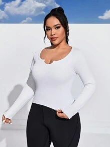 Easithlete Plus Size Solid Color V-Neck High Elastane Sport T-Shirt - White - View 6