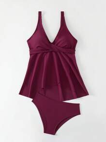 SHEIN Swim Summer Ladies' Plain Tankini Set - Burgundy - View 7