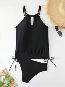 SHEIN Swim 女士纯色泳衣套装 夏季 - 黑色 - 查看 6