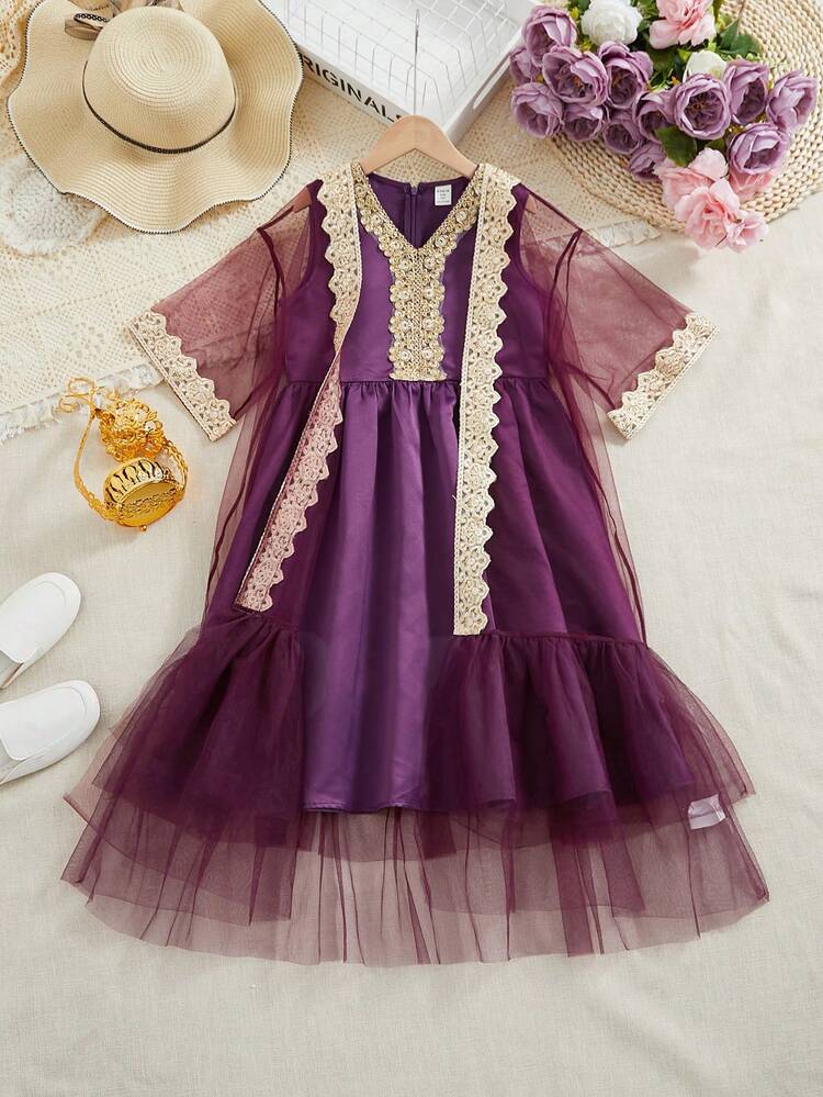Tween Girl Loose Cute Contrast Color Embroidered Mesh Jacket With Applique & V-Neck Dress Two Pieces Set