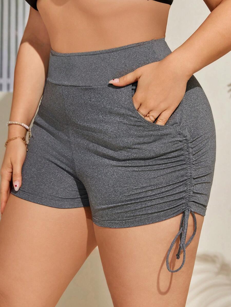 SHEIN Swim Curve Plus Size Swim Shorts With Drawstring, Side Pockets And Slanted Hem - Dark Grey - View 1