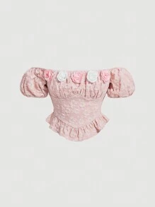 SHEIN MOD 女式露肩上衣,3d花卉裝飾 - 粉色 - 查看 1