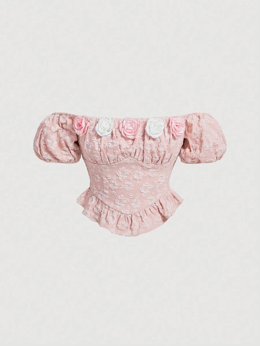 SHEIN MOD 女式露肩上衣,3d花卉裝飾 - 粉色 - 查看 1