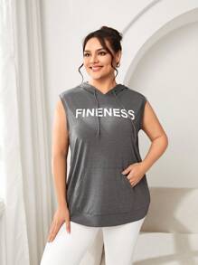 SHEIN Sports Plus Size Sleeveless Hooded Letter Print Drawstring Sports Sweatshirt - Grey - View 4