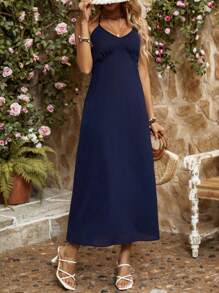 Breezaya Vestido De Cuello Halter De Un Solo Color - Azul Marino - Ver 3