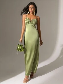 Anewsta 女士纯色细肩带无袖连衣裙 - 綠色 - 查看 1