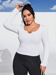Easithlete Plus Size Solid Color V-Neck High Elastane Sport T-Shirt - White - View 4