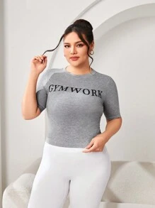 SHEIN Sports Plus Size Letter Printed Sports T-Shirt - Grey - View 4
