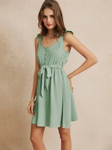 SHEIN Frenchy Vestido Para Las Vacaciones De Verano Con Lazos De Moño En La Cintura, Mangas Con Volantes Y Encaje Exquisito