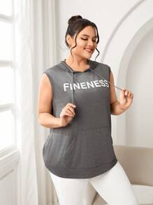 SHEIN Sports Plus Size Sleeveless Hooded Letter Print Drawstring Sports Sweatshirt - Grey - View 5