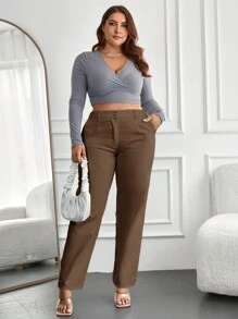 RueChic Plus High Waist Straight Leg Pants - Brown - View 5