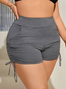 SHEIN Swim Curve Plus Size Swim Shorts With Drawstring, Side Pockets And Slanted Hem - Dark Grey - View 5