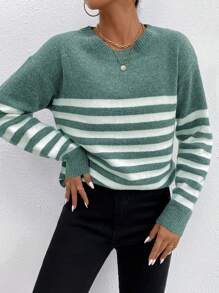 EURMUSE Vòng cổ Thả vai Sọc Áo len - Màu xanh Ô liu - Xem 4