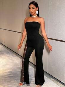 BamGleam Women's Rhinestone Mesh Splice Strapless Jumpsuit - Black - View 4