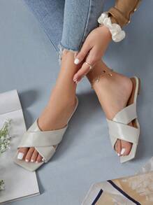 SHUZIA Women Criss Cross Slide Sandals, Elegant Flat Sandals - White - View 3