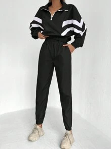 EURMUSE Striped Print Half Crop Sweatshirt & Sweatpants - Grey - View 6