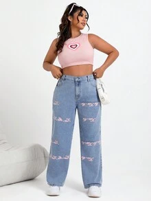 SHEIN EZwear 大碼直腳花卉印花牛仔褲 - 中等水洗藍 - 查看 4