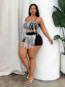 Maweii Plus Size Sleeveless Fringed Top And Shorts Set With Thin Straps - Pink - View 4