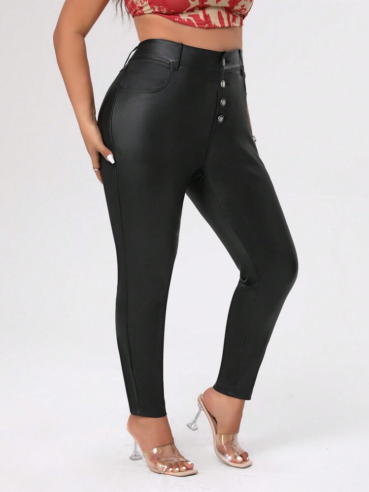 Allurite Plus Size Black Coated Skinny Button Fly Stretchy Pants With Ankle Length - Black - View 2