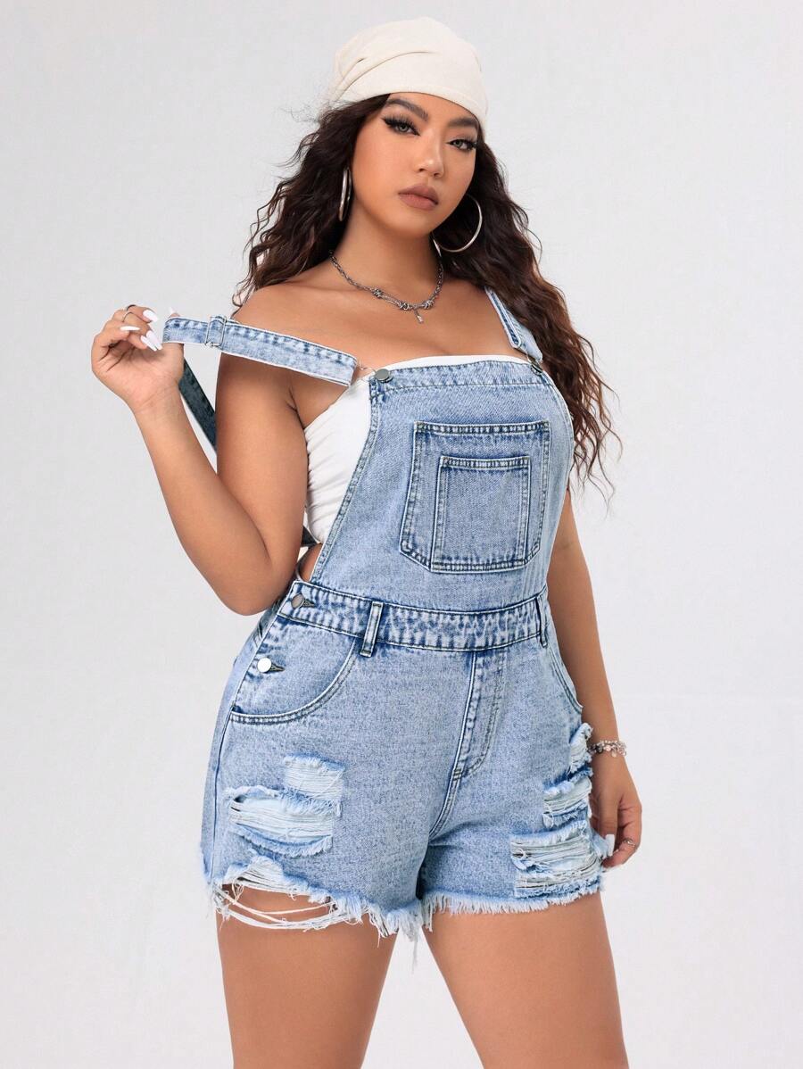 SHEIN EZwear Plus Size Blue Denim Dungaree Shorts With Distressed Detail And Washed Finish - Medium Wash - View 1
