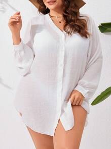 Swim Lushoire Summer Beach Plus Size Solid Color Kimono With Front Buckle Closure And Lantern Sleeve - White - View 1