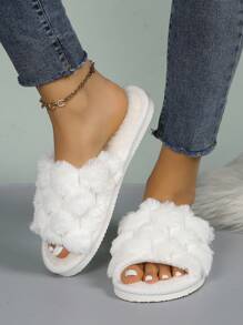女性開趾絨毛拖鞋,室內舒適透氣,適用於四季 - 白色 - 查看 3