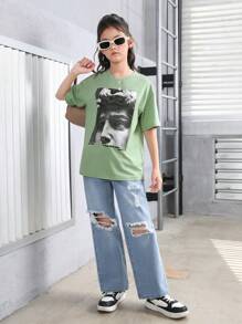 SHEIN Tween Girl Statue 印花寬鬆圓領短袖 T 卹 - 薄荷綠 - 查看 6