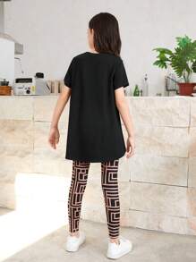 SHEIN Bộ áo thun cổ tròn và quần in hình cô gái Tween thường ngày - màu đen - Xem 2