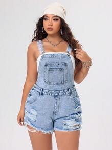 SHEIN EZwear Plus Size Blue Denim Dungaree Shorts With Distressed Detail And Washed Finish - Medium Wash - View 6
