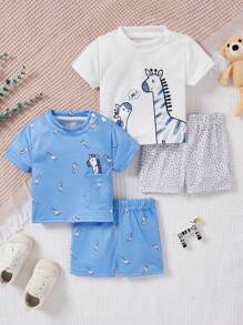 SHEIN 2 Stücke/set Infant Jungen Giraffen Bedrucktes T-shirt Mit Kurzen Ärmeln Und Shorts Für Frühling/sommer - Verschiedenfarbig - Übersicht 1