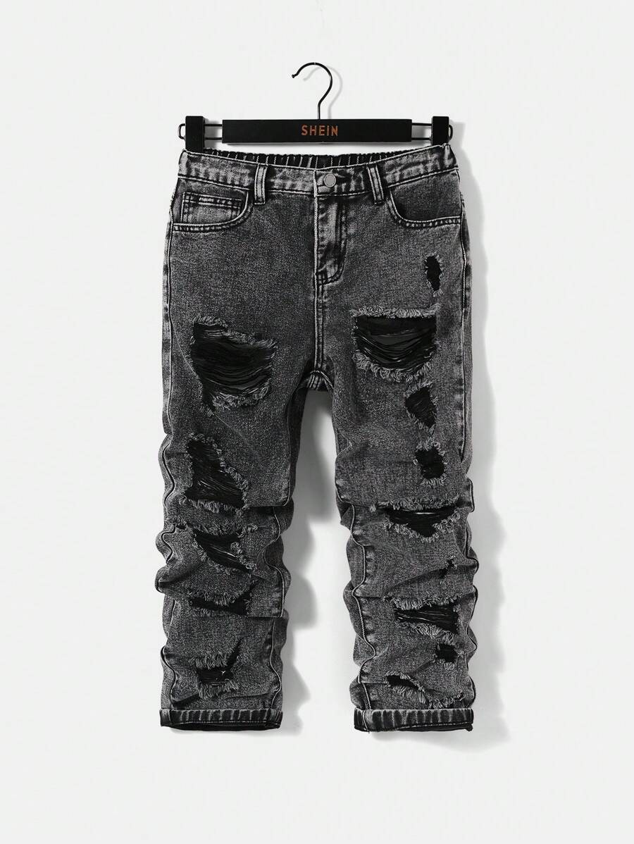 SHEIN Tween Boy Fashionable Distressed Washed Jeans For Casual Wear - Grey - View 1