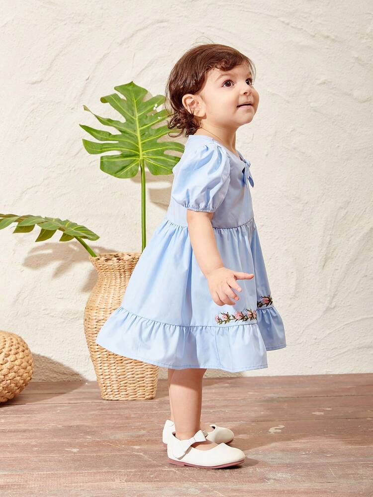 Baby Girl's Summer Sweet Floral Embroidered Dress With Bowknot And Ruffle Hem