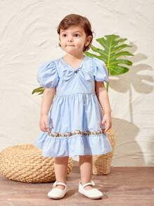 Baby Girl's Summer Sweet Floral Embroidered Dress With Bowknot And Ruffle Hem - Blue - View 4