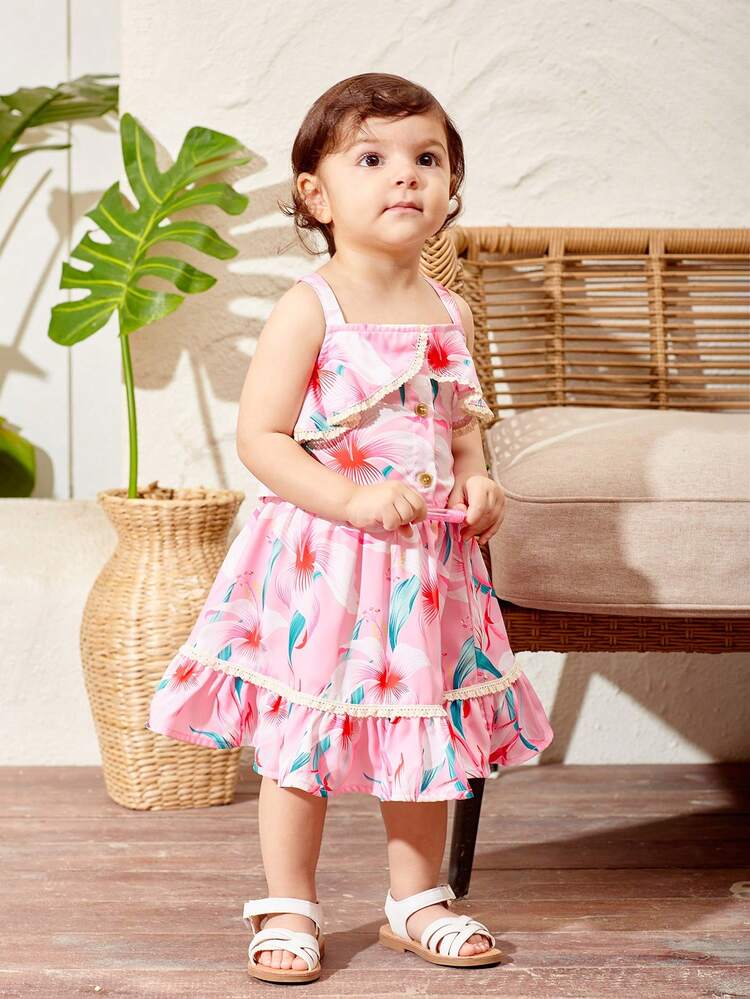 Baby Girl Summer Vacation Floral Print Ruffle Cami Top And Elastic Waistband Skirt Set