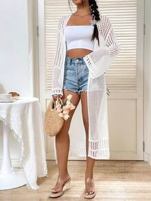 SHEIN WYWH 女士中空純色開衫 - 白色 - 查看 5