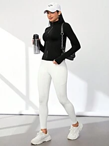 Easithlete Màu thuần Đứng cổ áo Jacket thể thao / Dây kéo / Liền mạch - màu đen - Xem 3