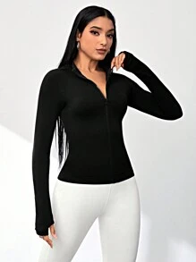 Easithlete Màu thuần Đứng cổ áo Jacket thể thao / Dây kéo / Liền mạch - màu đen - Xem 4