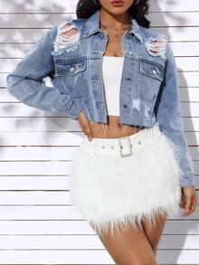 SHEIN EZwear 單排釦設計破洞牛仔外套 - 淺色水洗藍 - 查看 3