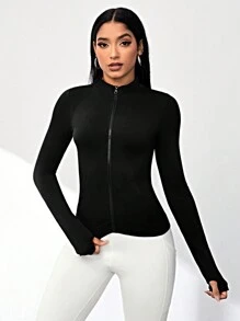 Easithlete Màu thuần Đứng cổ áo Jacket thể thao / Dây kéo / Liền mạch - màu đen - Xem 1