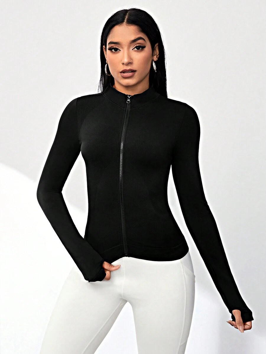 Easithlete Màu thuần Đứng cổ áo Jacket thể thao / Dây kéo / Liền mạch - màu đen - Xem 1