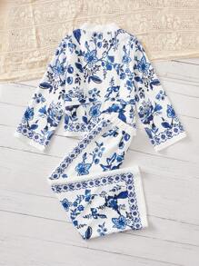 SHEIN 年輕女孩鬆身可愛的青花瓷圖案上衣和褲子套裝 - 彩色 - 查看 3