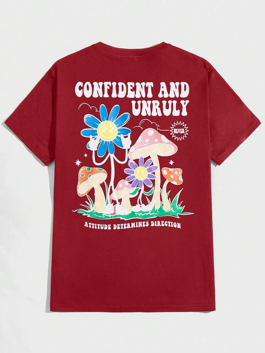 Manfinity VCAY T-shirt Décontracté En Tricot Pour Hommes Avec Champignons Et Lettres Imprimés