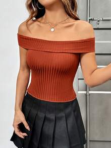 SHEIN Unity Women's Solid Color Off Shoulder Top - Rust Brown - View 4