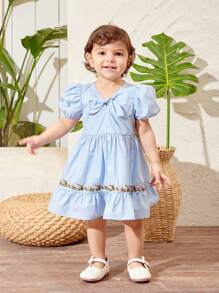 Baby Girl's Summer Sweet Floral Embroidered Dress With Bowknot And Ruffle Hem - Blue - View 3